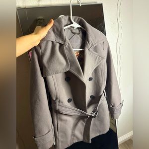 Grey coat with a silk pattern inside